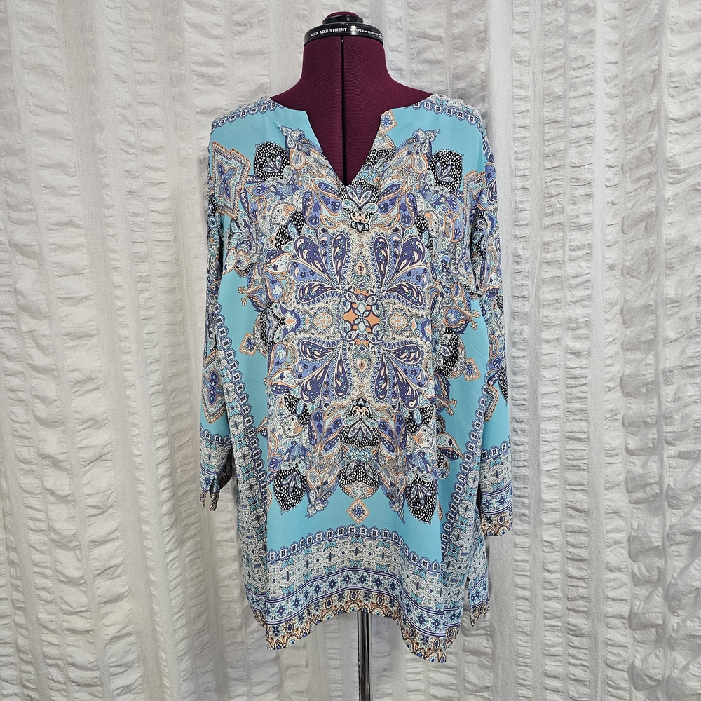 Violet & Claire Bohemian Turquoise Paisley Print Tunic Floal Top Blouse